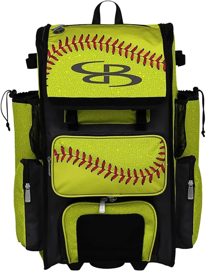 Boombah Rolling Superpack 2.0 Baseball/Softball Gear Bag - 23-1/2" x 13-1/2" x 9-1/2" - Softball 2.0 Optic Yellow/Red/Black - Telescopic Handle - Holds 4 Bats - Wheeled Version