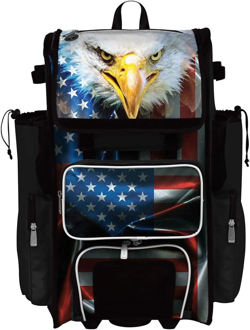 Boombah Rolling Superpack 2.0 Baseball/Softball Gear Bag - 23-1/2" x 13-1/2" x 9-1/2" - USA Eagle Black/Red/White - Telescopic Handle - Holds 4 Bats - Wheeled Version