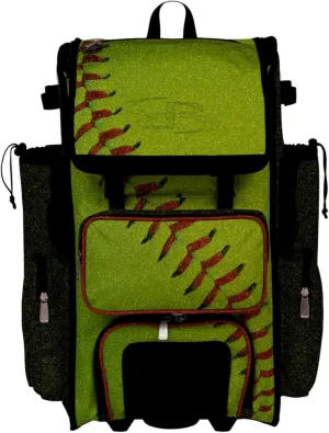 Boombah Rolling Superpack Baseball/Softball Gear Bag - Telescopic Handle - Holds 4 Bats - Wheeled Version - Softball Homerun Glitter Optic Yellow/Black/Red