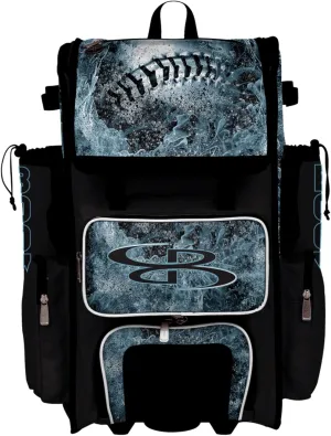 Boombah Superpack Hybrid Rolling Bat Bag - Wheeled & Backpack Version - Baseball Chrome Black/White/Ice Blue