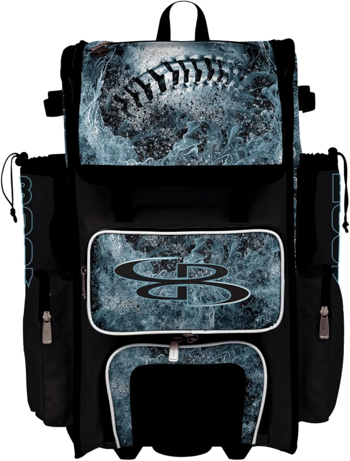 Boombah Superpack Hybrid Rolling Bat Bag - Wheeled & Backpack Version - Baseball Chrome Black/White/Ice Blue