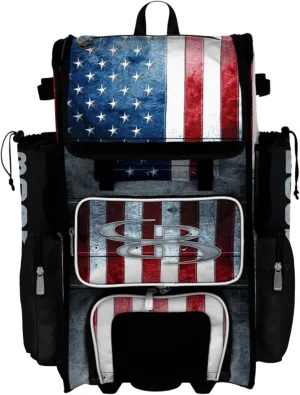 Boombah Superpack Hybrid Rolling Bat Bag - Wheeled & Backpack Version - USA Shield Black/Royal/Red
