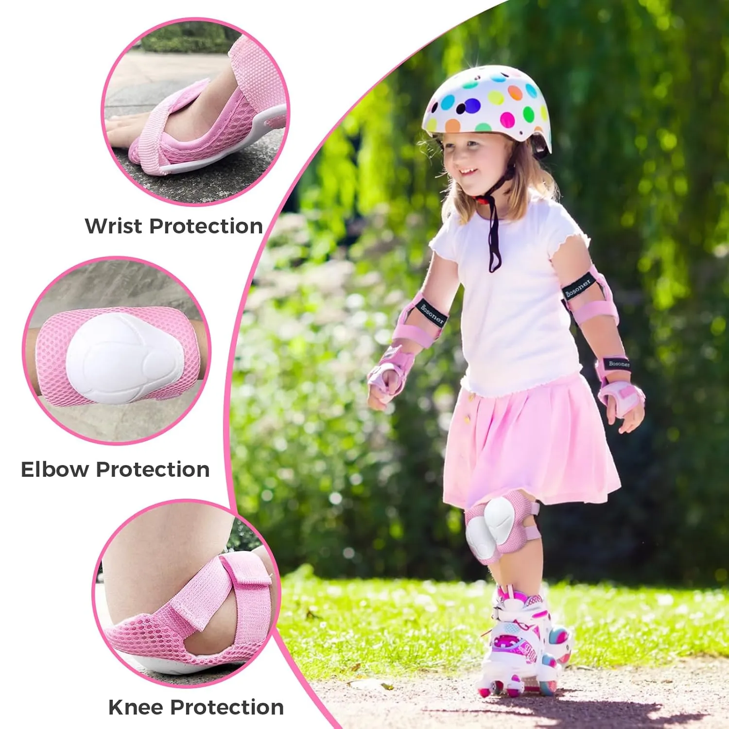 BOSONER Basic Kids Protective Gear: Kids Knee Pads and Elbow Pads with Wrist Guards Set for 3-15 Years - Design for Roller Skates, Cycling, BMX Bike, Skateboard, Inline Skating, Scooter Riding Sports