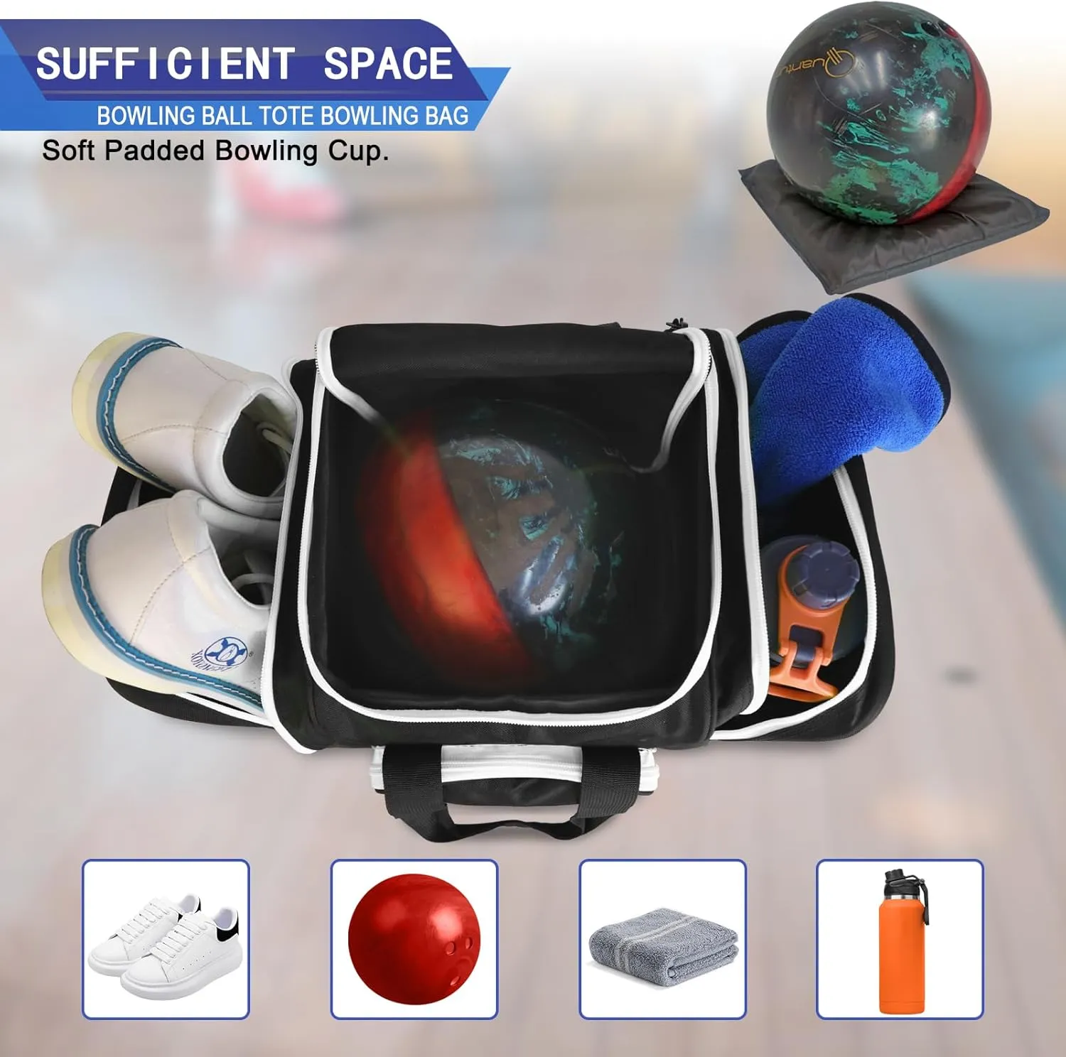 Bowling Ball Bag for Single Ball, 2022 Bowling Ball Tote Bowling bag with Padded Holder - Fits Shoes up to Mens Size 14 and Bowling Accessories