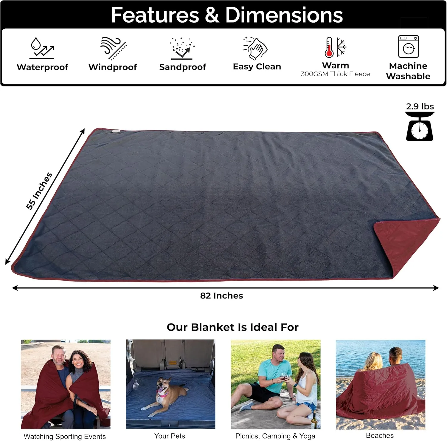 BRAWNTIDE Large Outdoor Waterproof Blanket - Extra Thick Fleece, Warm, Windproof, Sandproof, Quilted, 82" x 55", Ideal for Beaches, Picnics, Camping, Stadiums, Dogs, Car