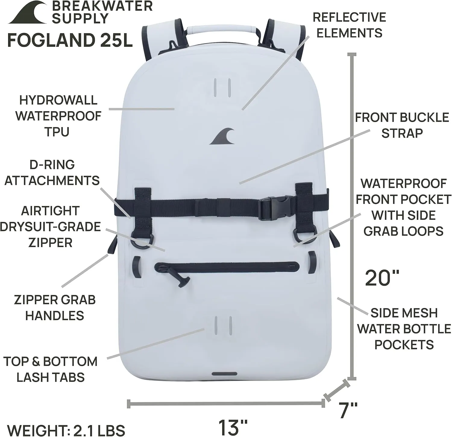 Breakwater Supply™ 100% Waterproof Submersible Backpack, Laptop Bag, Airtight Zippers | Travel Outdoors | Fogland 25L 20L 15L