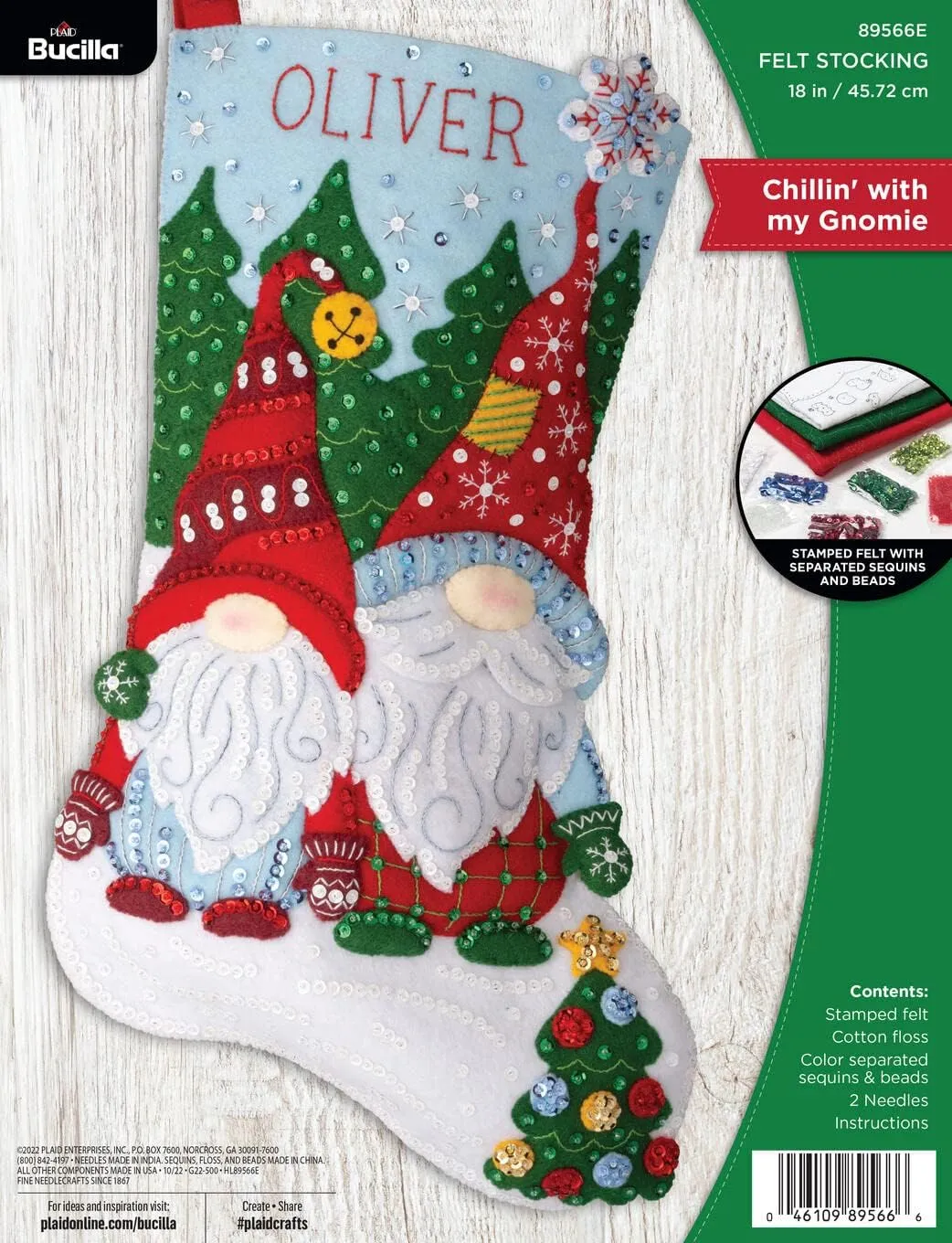 Bucilla Felt Applique 18" Stocking Making Kit, Chillin' with My Gnomie, Perfect for DIY Arts and Crafts, 89566E