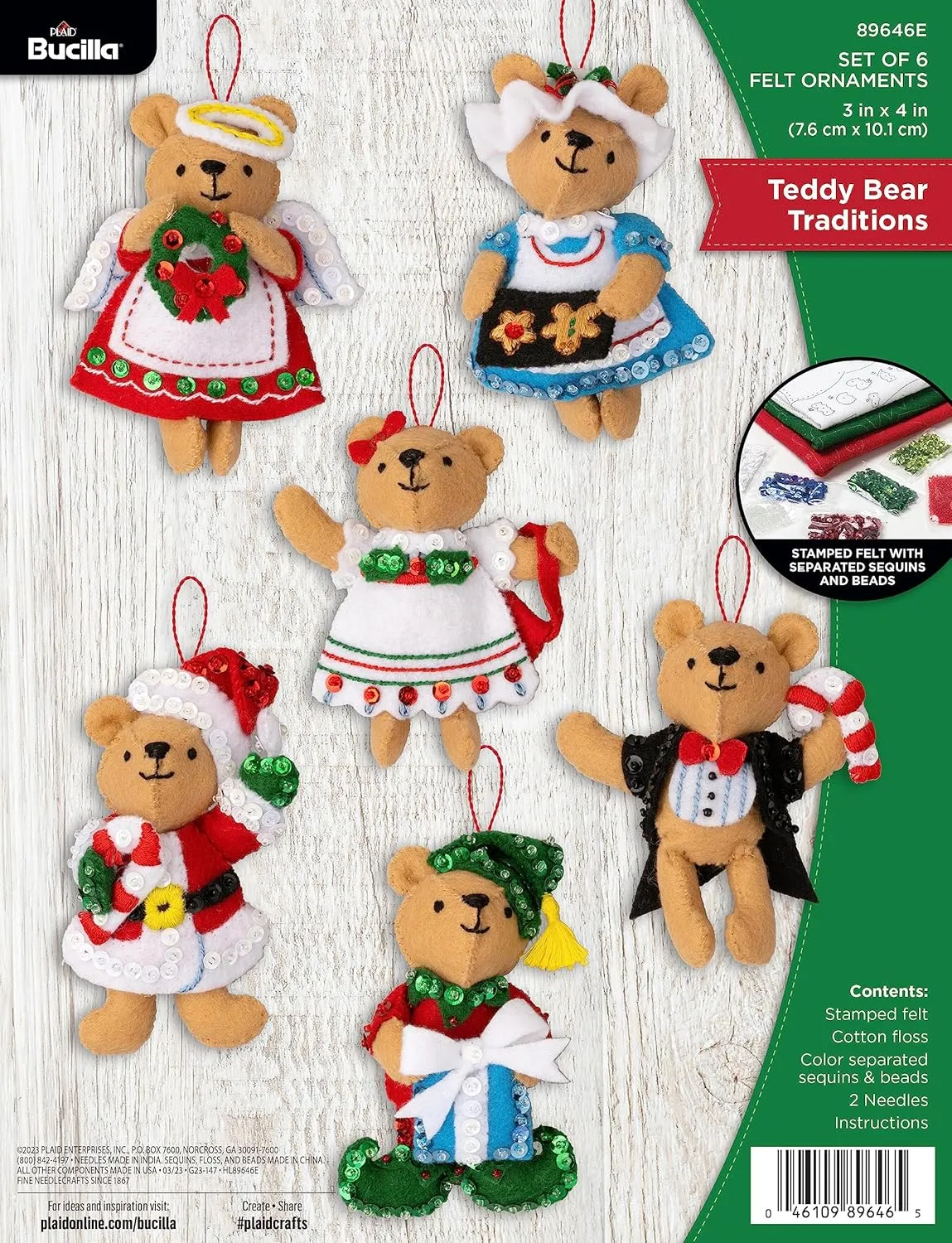 Bucilla Felt Applique 6 Piece Ornament Making Kit, Teddy Bear Traditions, Perfect for DIY Arts and Crafts, 89646E