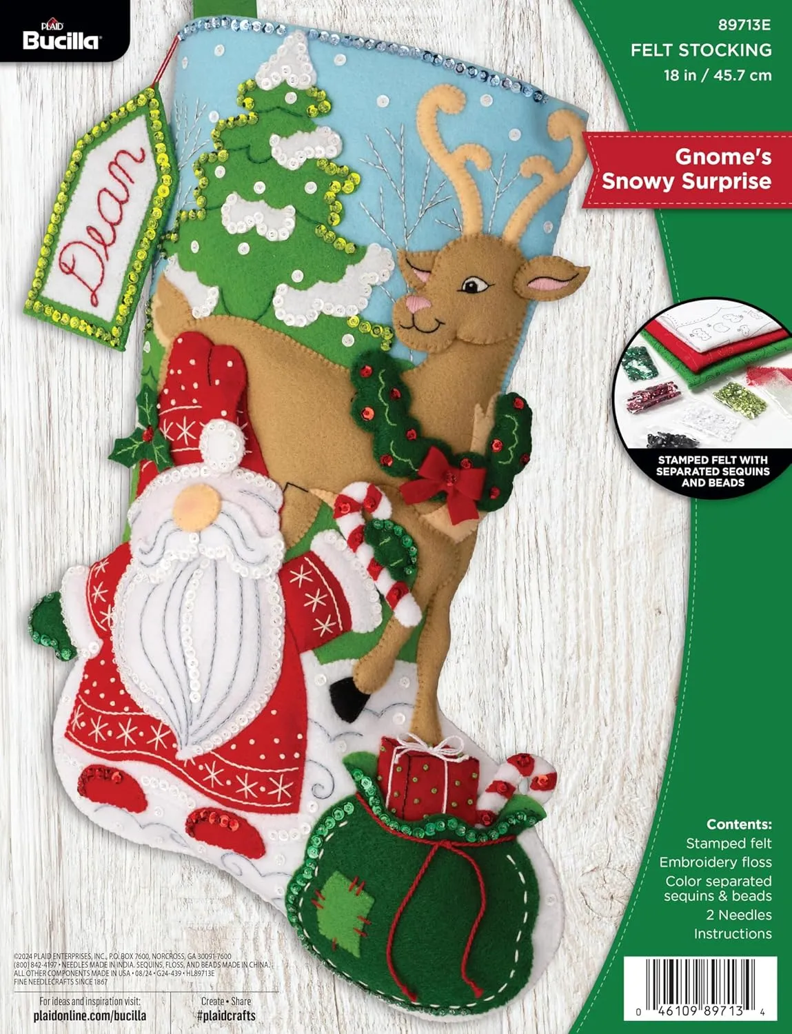 Bucilla, Gnome's Snowy Surprise, Felt Applique 18" Stocking Making Kit, Perfect for DIY Arts and Crafts, 89713E