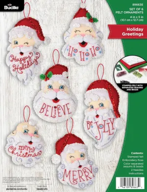 Bucilla, Holiday Greetings, Felt Applique 6 Piece Ornament Making Kit, Perfect for DIY Arts and Crafts Projects, 89663E