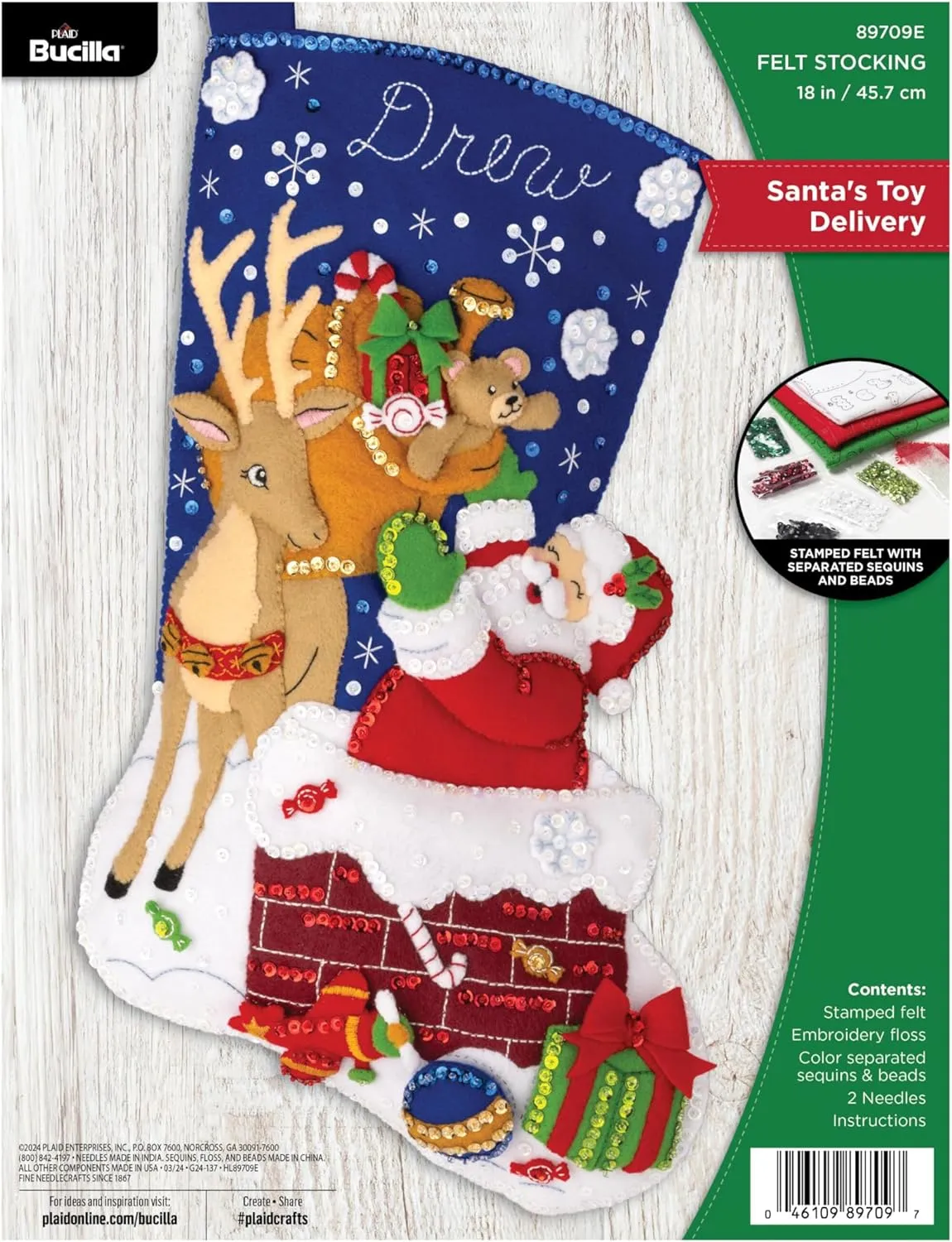 Bucilla, Santa's Toy Delivery, Felt Applique 18" Stocking Making Kit, Perfect for Holiday DIY Arts and Crafts Projects, 89709E