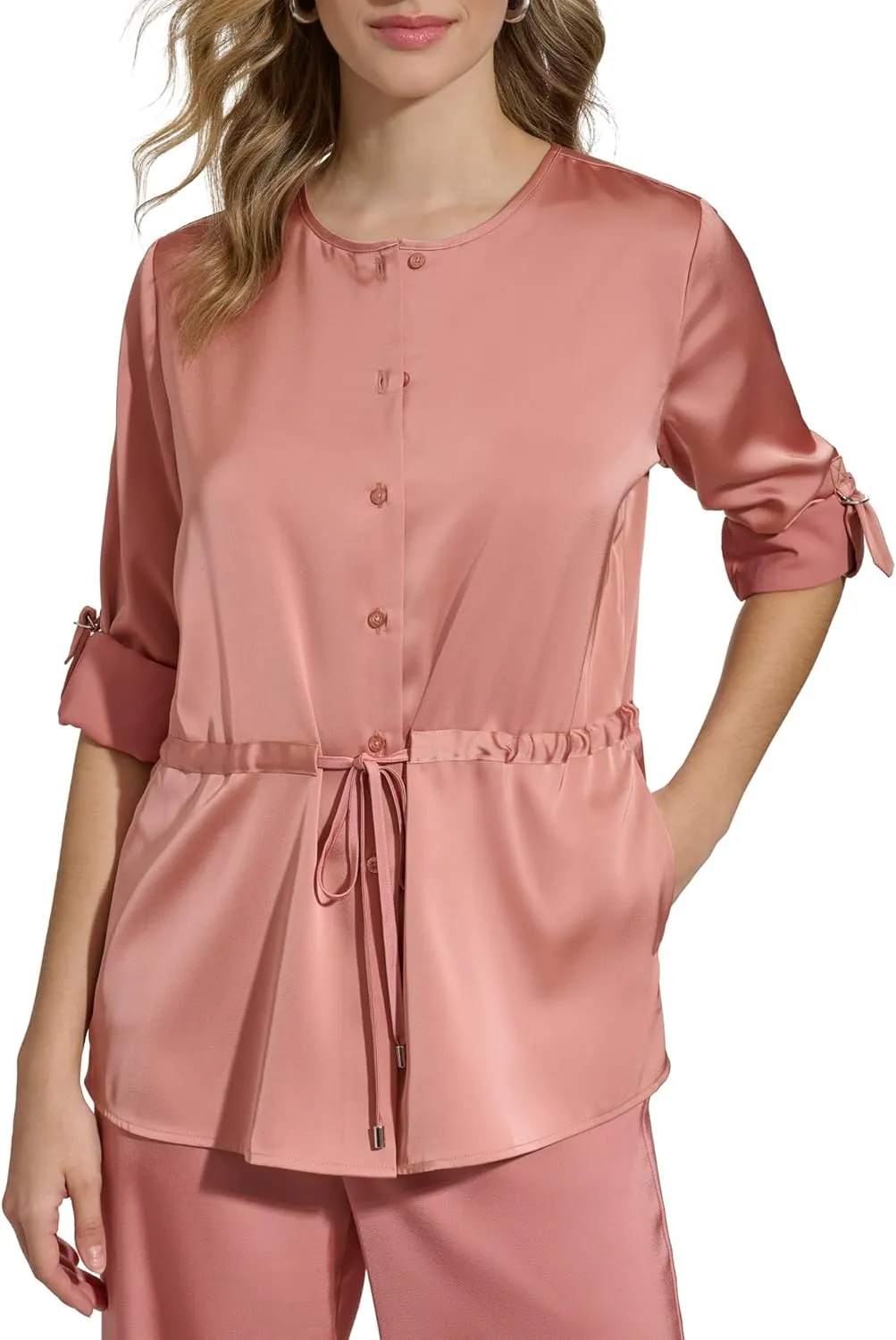 Calvin Klein Women's Roll Sleeve Button Up Top
