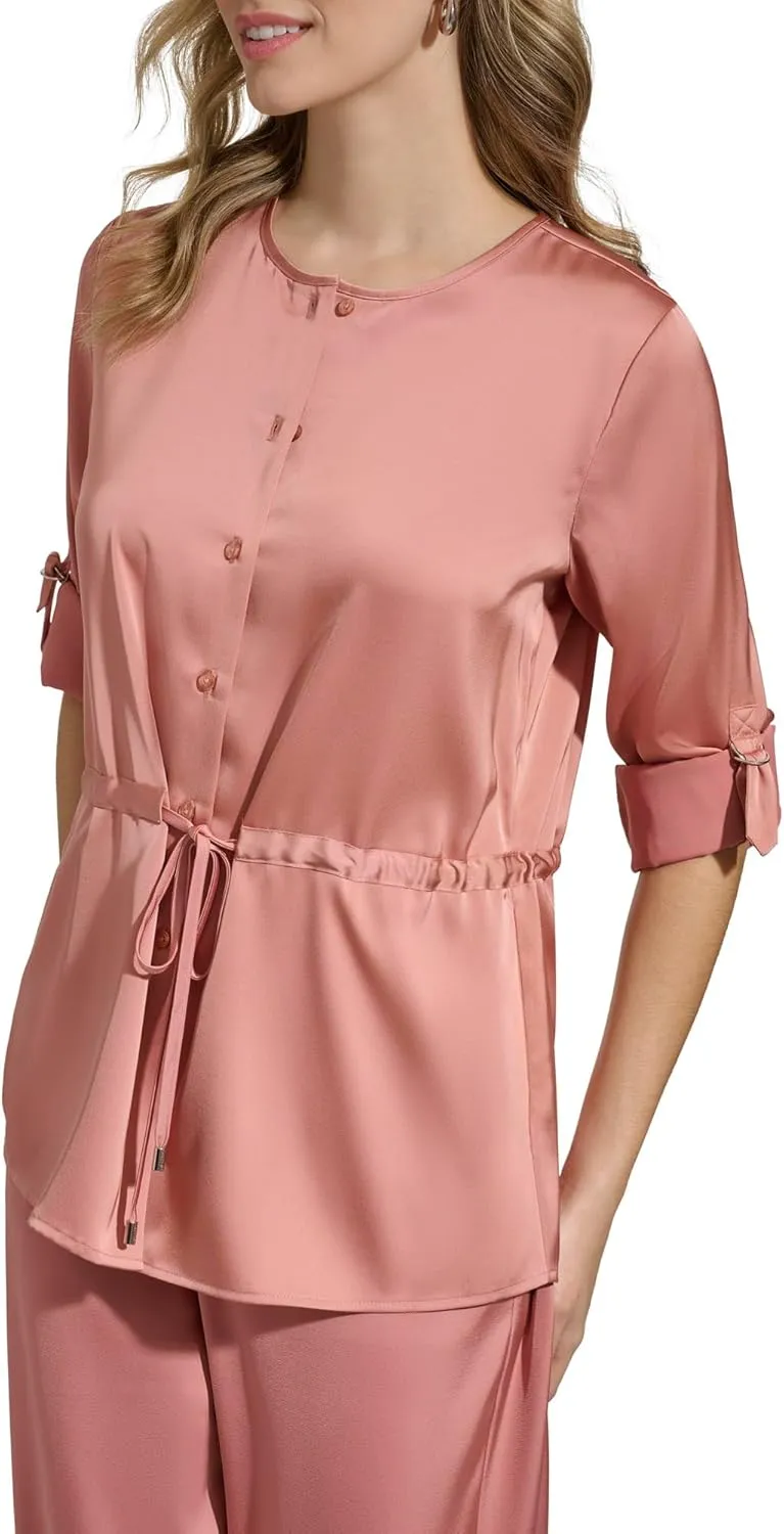 Calvin Klein Women's Roll Sleeve Button Up Top
