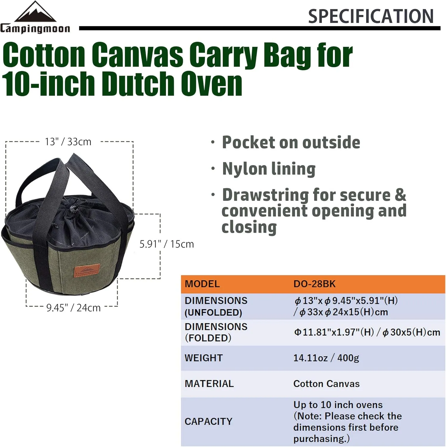 camping moon CAMPINGMOON Carry Bag for Dutch Oven Durable Canvas