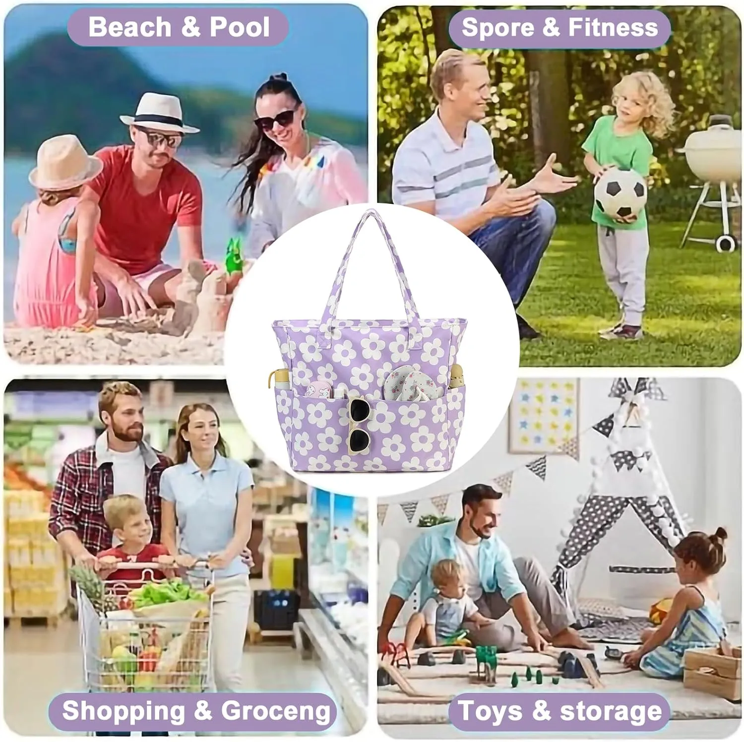 CAMTOP Waterproof Beach Tote Bag for Women Girls with Zipper Foldable Sandproof Pool Swim Bag Travel Carry On Gym