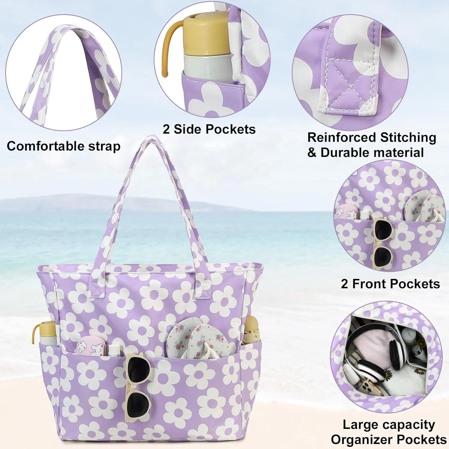 CAMTOP Waterproof Beach Tote Bag for Women Girls with Zipper Foldable Sandproof Pool Swim Bag Travel Carry On Gym