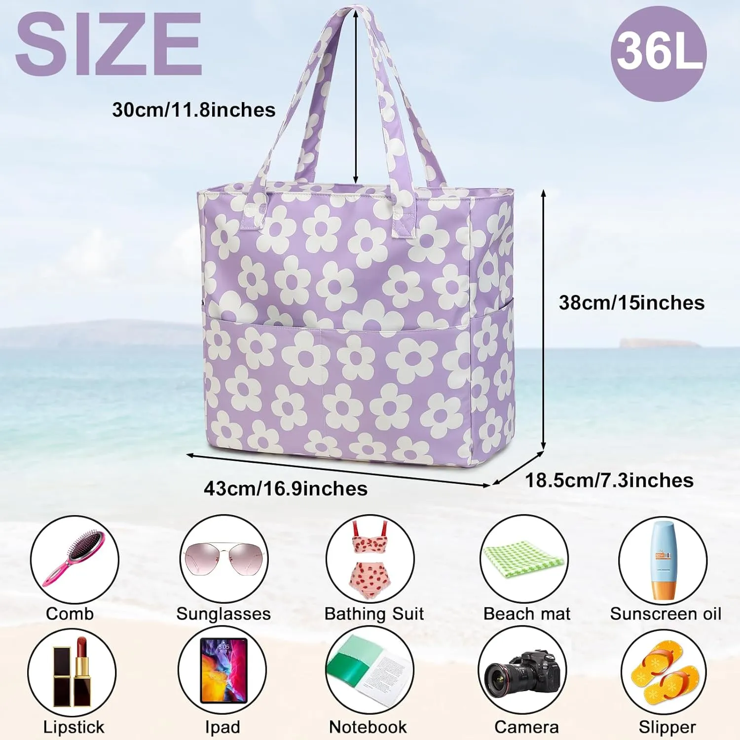 CAMTOP Waterproof Beach Tote Bag for Women Girls with Zipper Foldable Sandproof Pool Swim Bag Travel Carry On Gym