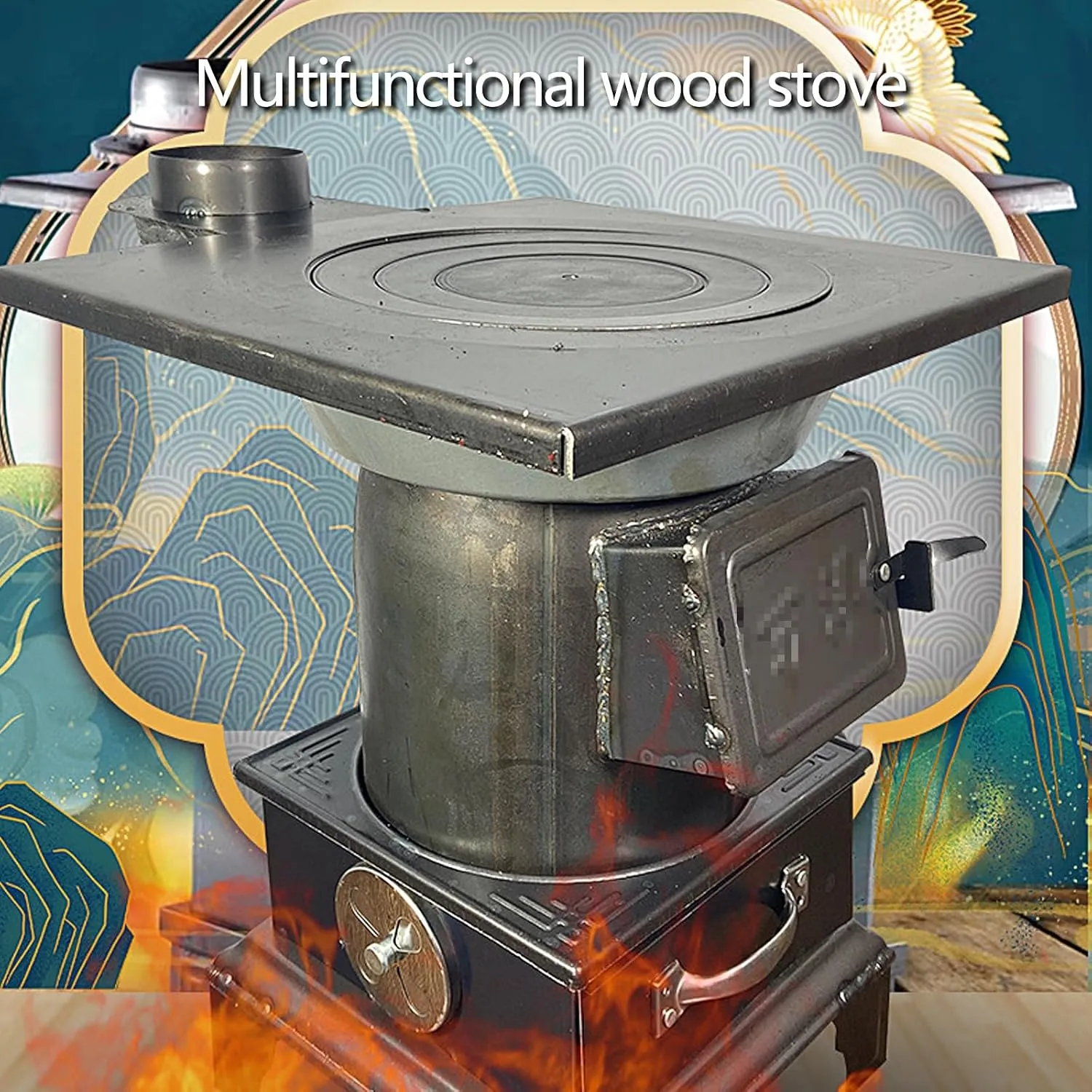 Cast Iron Indoor Wood Burning Heating Stove - Fuel Saving, Multifunctional with Fire Shovel, Hook & Poker (39 x 36 x 55cm)