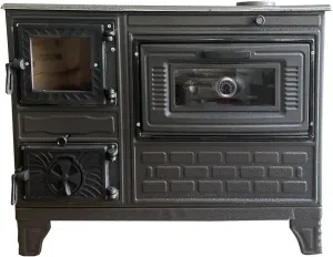 Cast Iron Stove with Oven, Durable Cast Baking Oven, Cooker Oven by Burning Wood, Warming Heater Stove, Oven Section with Thermometer, Brick Lined Fireplace Made in Turkiye (Black-with-Window)