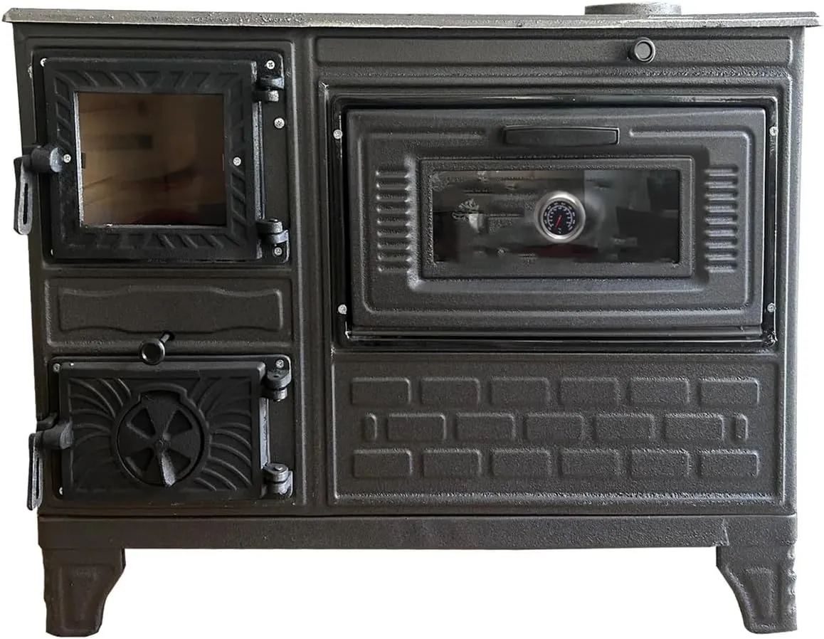 Cast Iron Stove with Oven, Durable Cast Baking Oven, Cooker Oven by Burning Wood, Warming Heater Stove, Oven Section with Thermometer, Brick Lined Fireplace Made in Turkiye (Black-with-Window)