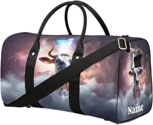 Cattle Starry Sky Print Sports Tote Gym Duffel Bag Customized Name for Women & Men,Waterproof Beach Bag Foldable Personal Item Travel Bag for Weekender Overnight Dance Carry-On Bag