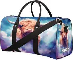 Cattle Starry Sky Watercolor Sports Tote Gym Duffel Bag Customized Name for Women & Men,Waterproof Beach Bag Foldable Personal Item Travel Bag for Weekender Overnight Dance Carry-On Bag