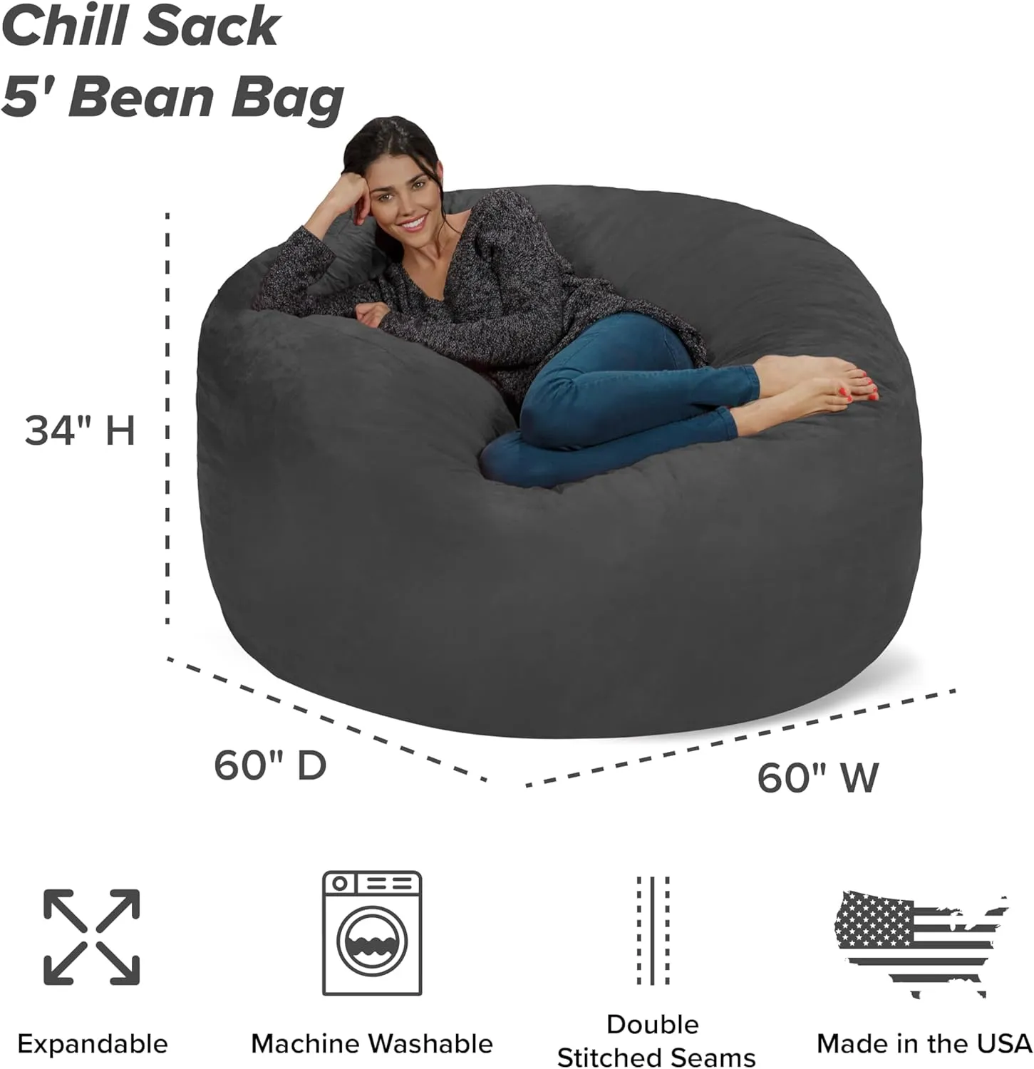 Chill Sack Bean Bag Chair - 5' Giant Memory Foam Lounge Chair with Soft Microfiber Cover – Cozy Furniture for Living Room, Dorm, & Kids' Rooms – Comfortable 5 Ft, Microsuede Lounge Sofa, Charcoal