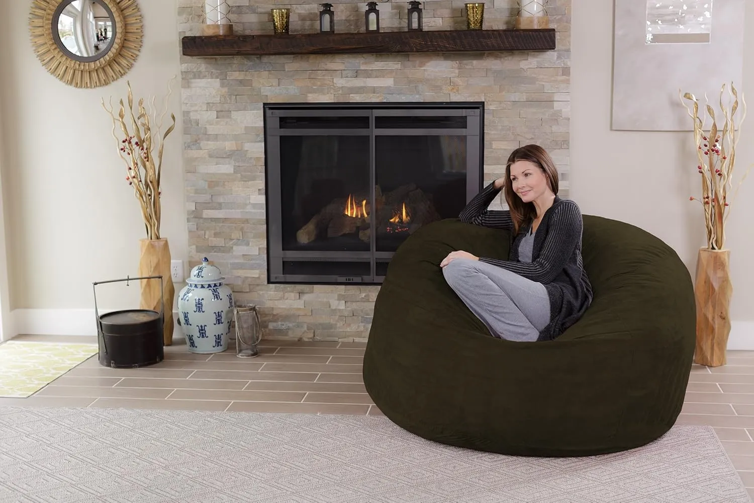 Chill Sack Bean Bag Chair - 5' Giant Memory Foam Lounge Chair with Soft Microfiber Cover – Cozy Furniture for Living Room, Dorm, & Kids' Rooms – Comfortable 5 Ft, Microsuede Lounge Sofa, Olive