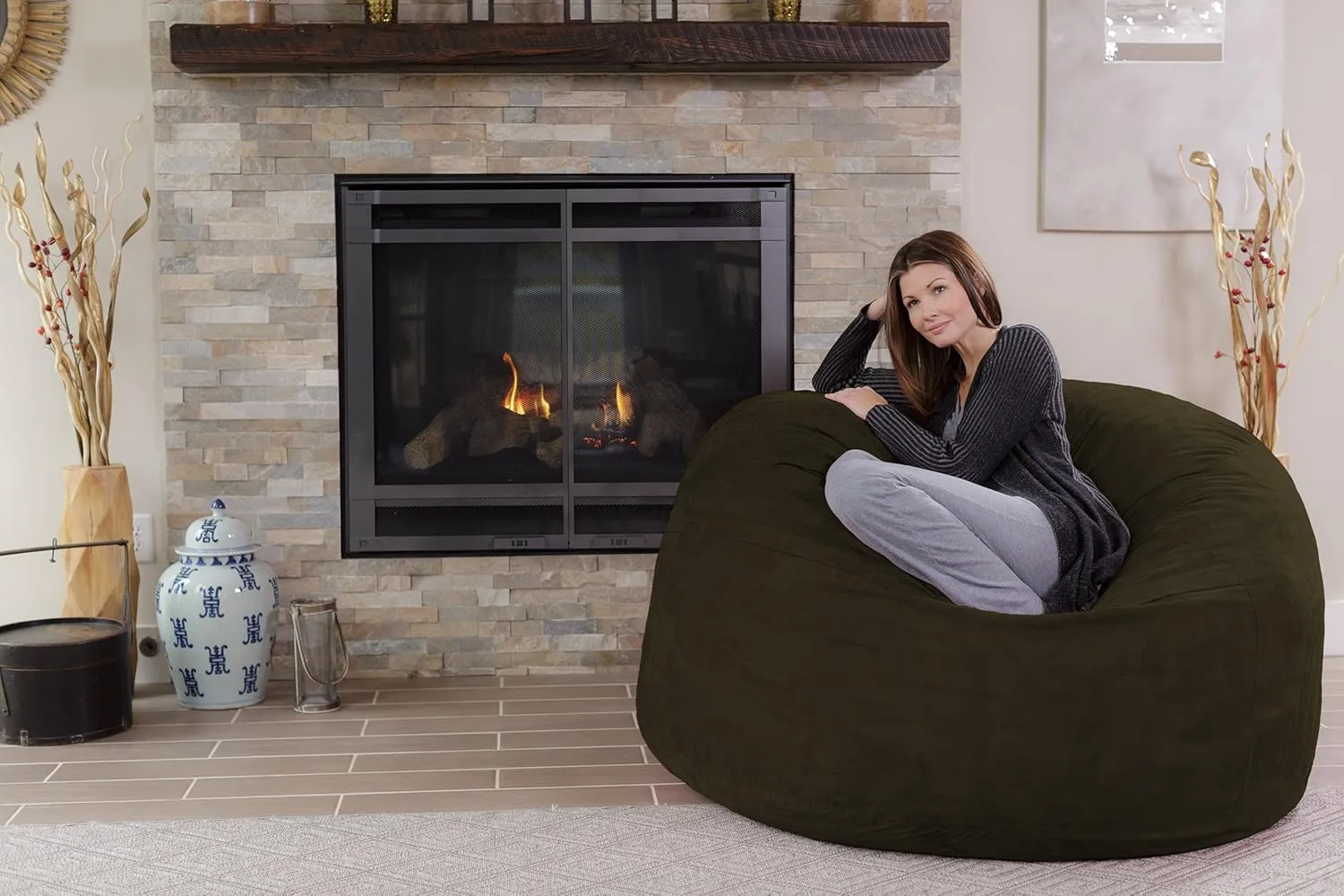 Chill Sack Bean Bag Chair - 5' Giant Memory Foam Lounge Chair with Soft Microfiber Cover – Cozy Furniture for Living Room, Dorm, & Kids' Rooms – Comfortable 5 Ft, Microsuede Lounge Sofa, Olive