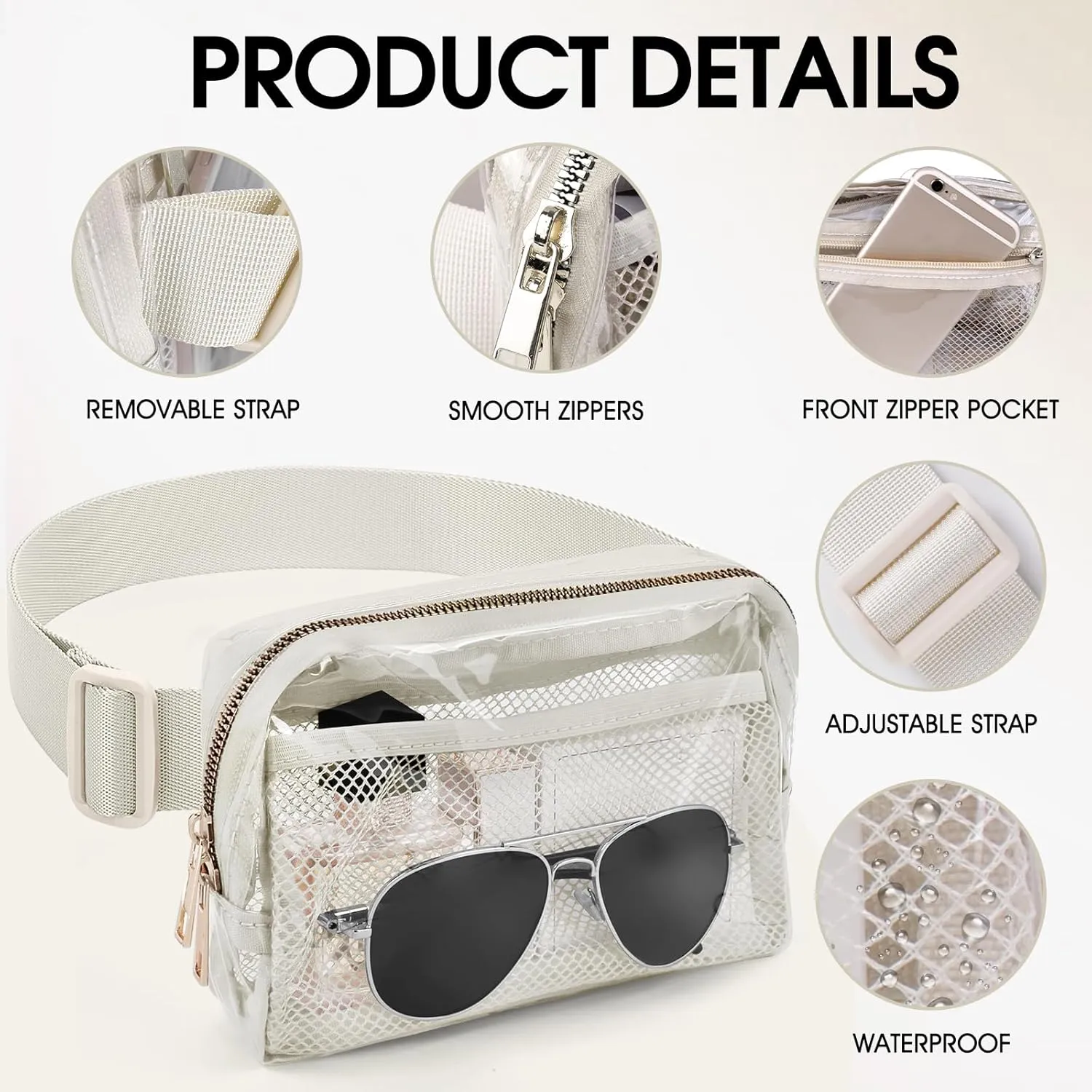Clear Fanny Pack Stadium Approved for Women Men with Adjustable Strap Clear Crossbody Bag Waist Bag for Concerts Sports Travelling Hiking Running(beige)