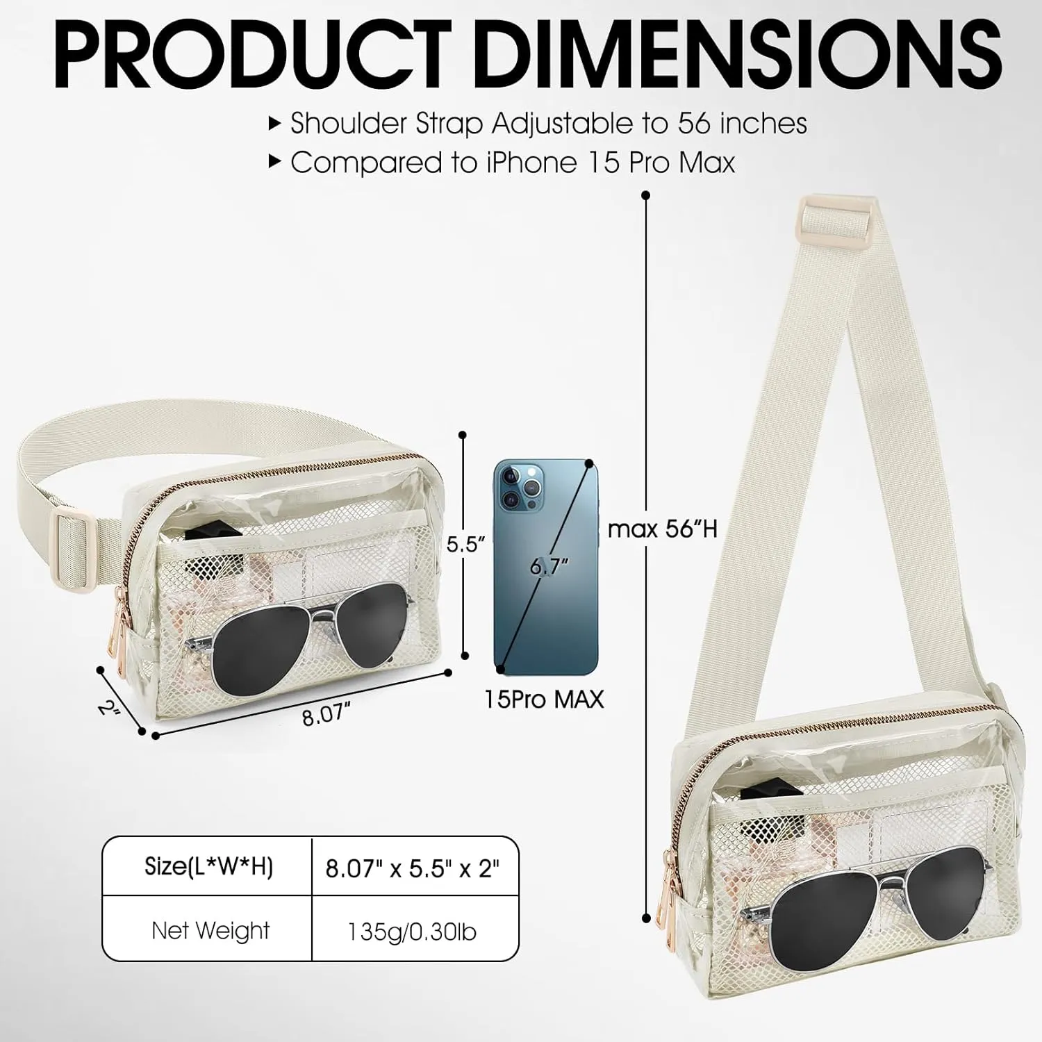Clear Fanny Pack Stadium Approved for Women Men with Adjustable Strap Clear Crossbody Bag Waist Bag for Concerts Sports Travelling Hiking Running(beige)