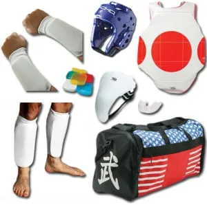 COMPLETE CLOTH SPARRING GEAR SET W/SHIN, GROIN & BAG - RED - adult-medium