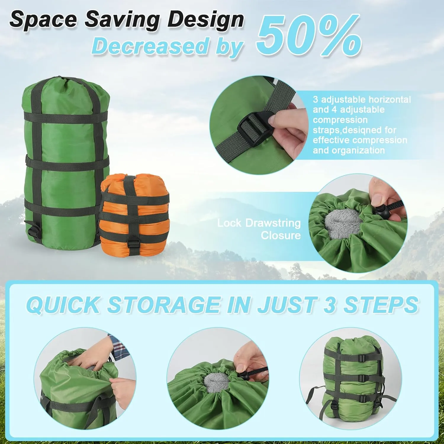 Compression Sack for Sleeping Bag Stuff Sack Adjustable Sleeping Bag Compression Stuff Sack 6L   15L  18L   30L   45L 52L Space Saving Gear for Backpacking Hiking Camping Outdoor and Travel Storage