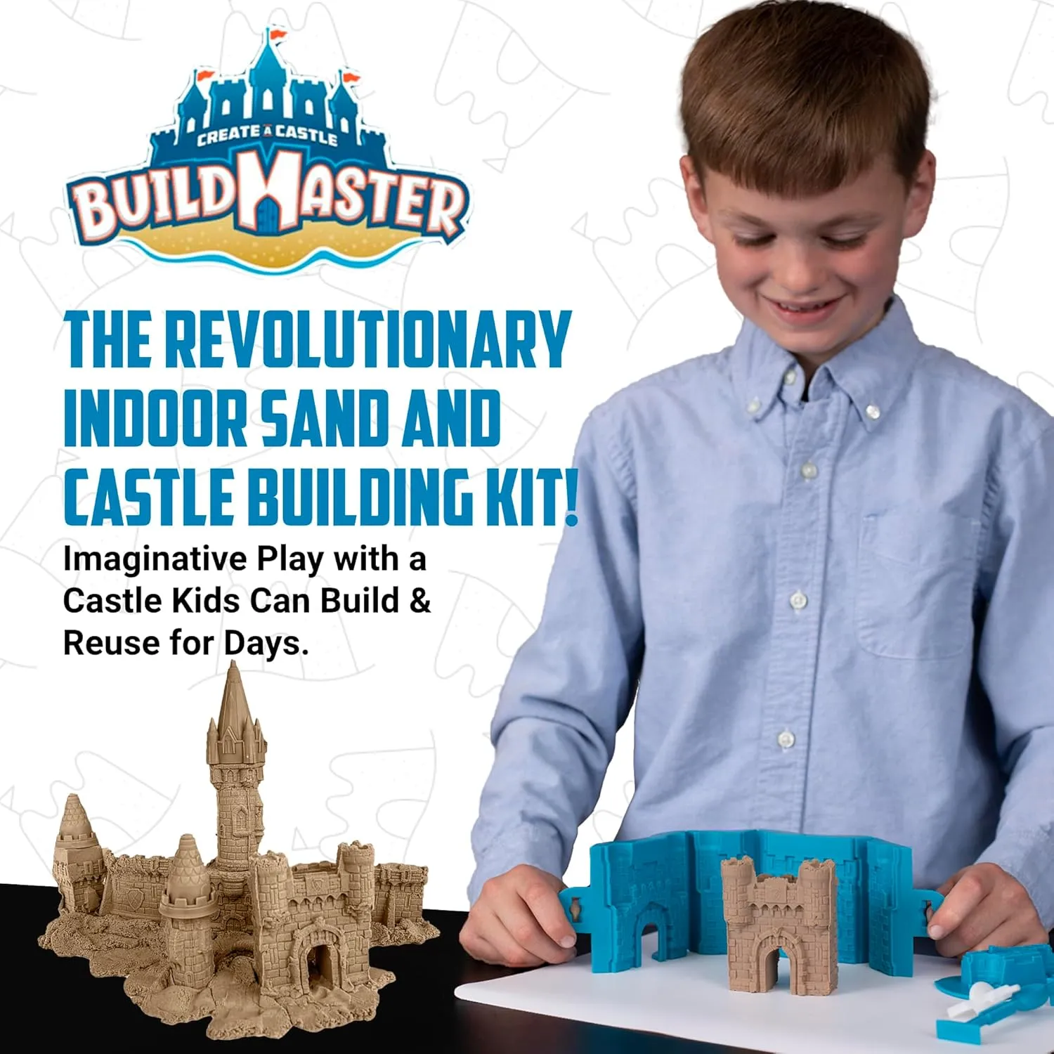Create A Castle Indoor Sandcastle Play Sand Kit, 2.65 lbs Sensory Play Sand, BuildMaster Reusable Castle Magic Sand Toy Set for Kids, 25 Pieces and Playmat, for Kids 6 