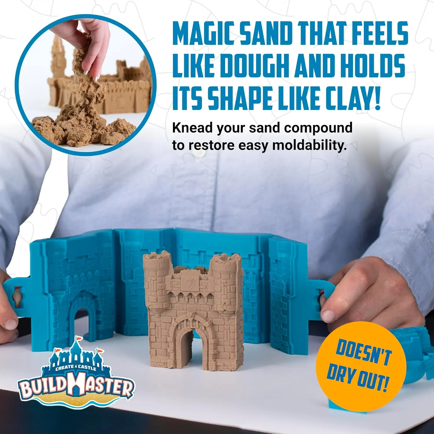 Create A Castle Indoor Sandcastle Play Sand Kit, 2.65 lbs Sensory Play Sand, BuildMaster Reusable Castle Magic Sand Toy Set for Kids, 25 Pieces and Playmat, for Kids 6 
