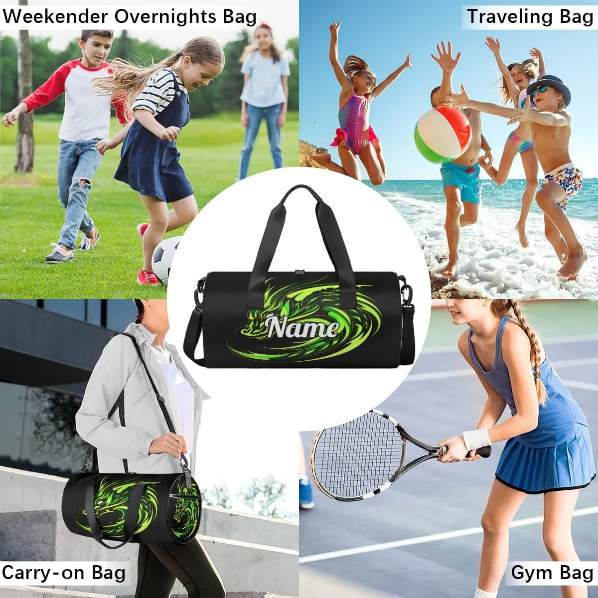 Custom Dance Duffel Bag Sport Backpacks Gyms and Weekend Overnight Travel Duffle Bag Birthday Christmas Halloween Waterproof, Cool Dragon