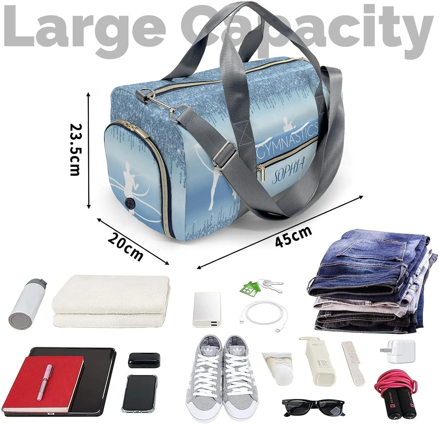 Custom Duffel Bag Monogrammed Metallic Ice Blue Dripping Glitter Sports Smart Travel Solutions: Organizing Your Fitness Gear
