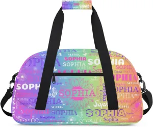 Custom Name Gym Dance Bag, Personalized Sports Bag Colorful Purple Orange Green with Floral for Teens Waterproof Weekender Carry Practice Travel Bag, The Bag is full of Names