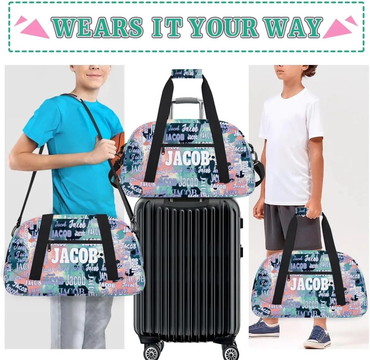 Custom Name Sports Gym Duffel Bag, Personalized PE Gym Sport Duffel Bag Travel Weekender Tote Carry-On Bag, Modern Colorful Blue Pink Green