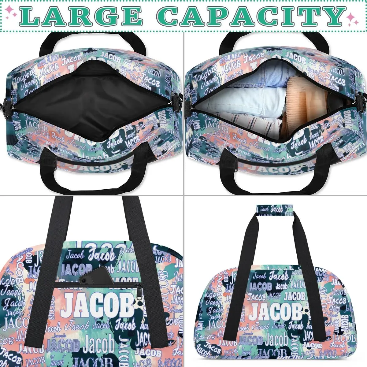 Custom Name Sports Gym Duffel Bag, Personalized PE Gym Sport Duffel Bag Travel Weekender Tote Carry-On Bag, Modern Colorful Blue Pink Green