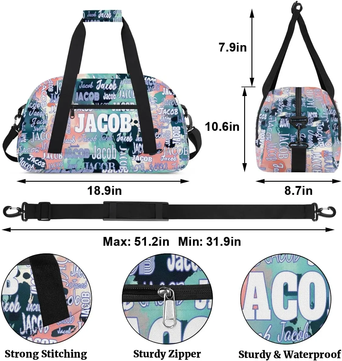 Custom Name Sports Gym Duffel Bag, Personalized PE Gym Sport Duffel Bag Travel Weekender Tote Carry-On Bag, Modern Colorful Blue Pink Green