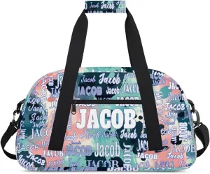 Custom Name Sports Gym Duffel Bag, Personalized PE Gym Sport Duffel Bag Travel Weekender Tote Carry-On Bag, Modern Colorful Blue Pink Green