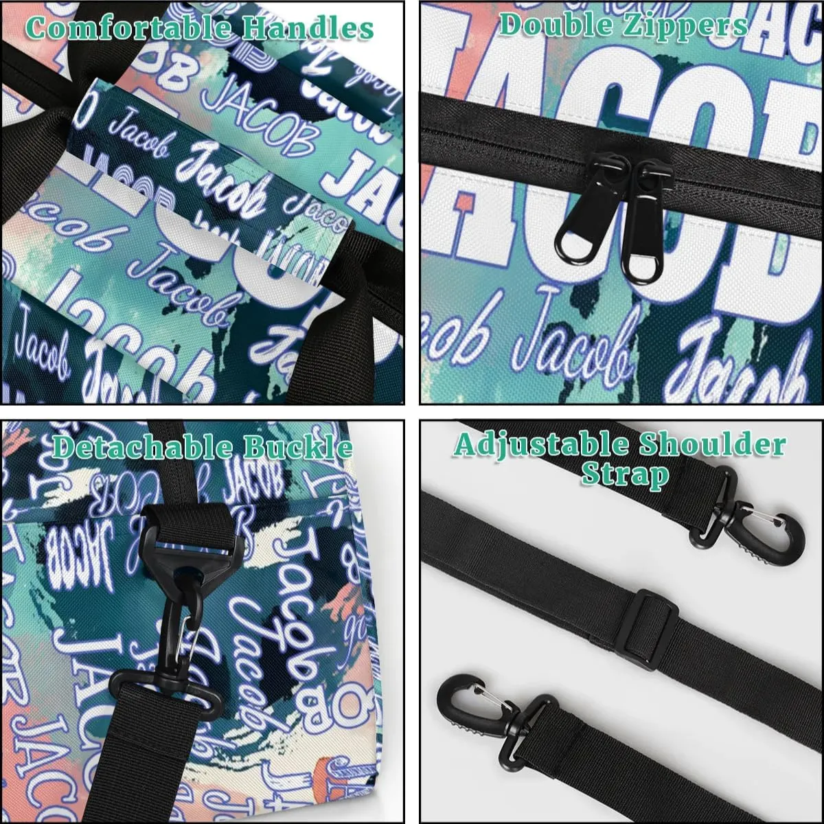 Custom Name Sports Gym Duffel Bag, Personalized PE Gym Sport Duffel Bag Travel Weekender Tote Carry-On Bag, Modern Colorful Blue Pink Green