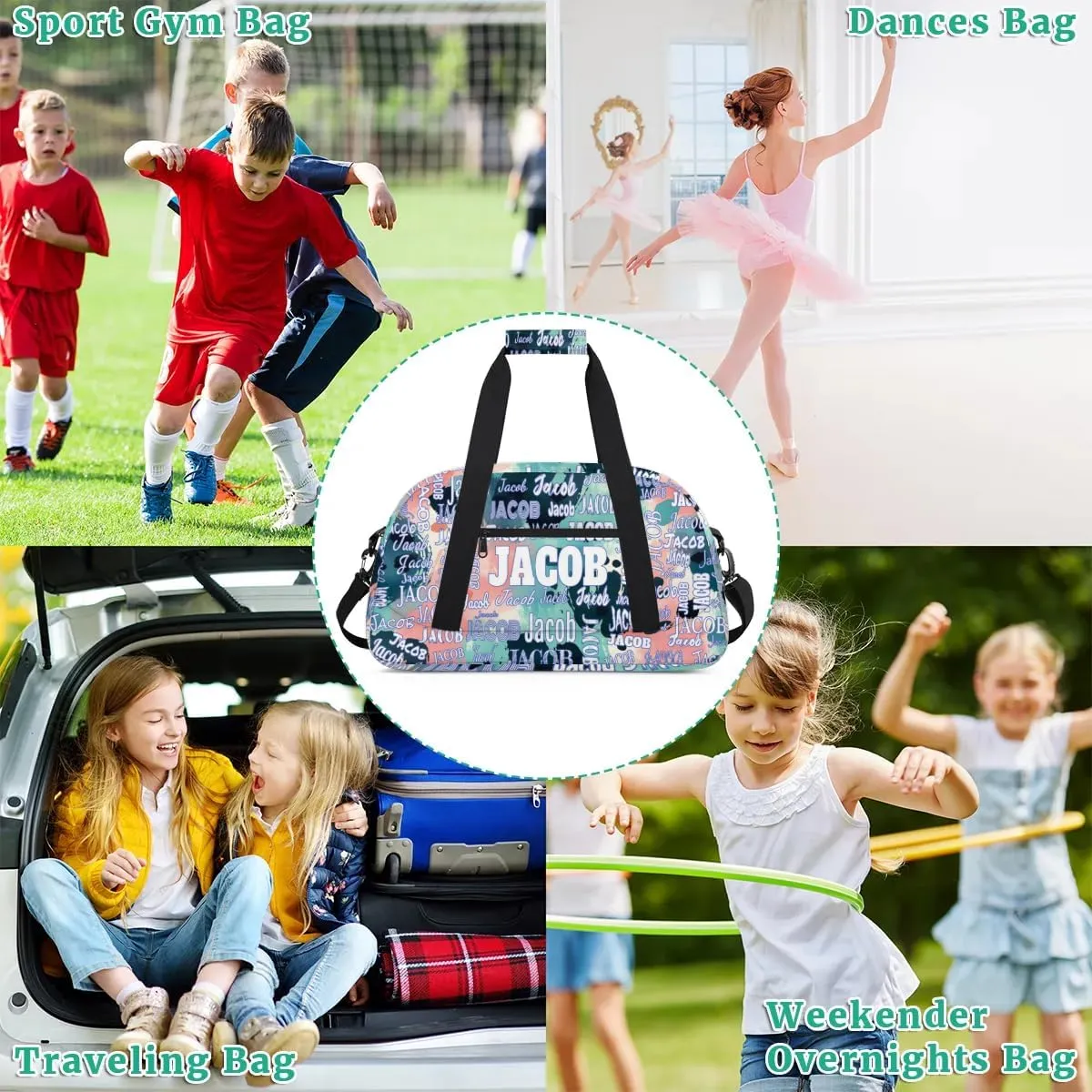 Custom Name Sports Gym Duffel Bag, Personalized PE Gym Sport Duffel Bag Travel Weekender Tote Carry-On Bag, Modern Colorful Blue Pink Green
