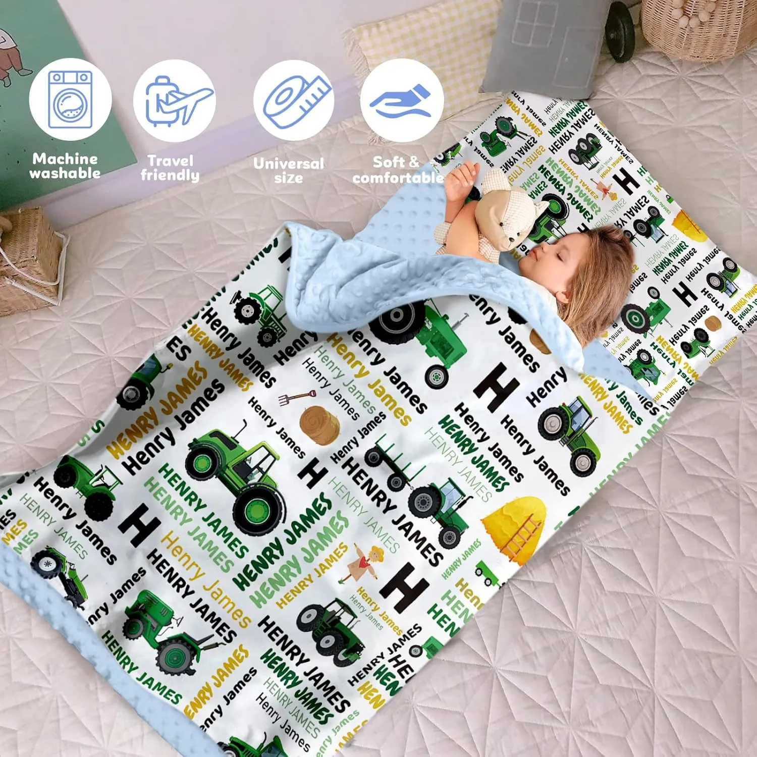 Custom Toddler Nap Mat for Preschool - Personalized Name Kids Nap Mats for Daycare Kindergarten Boys Sleeping Bag with Pillow Blanket Set, Thick Padded Easy Roll Up Blue