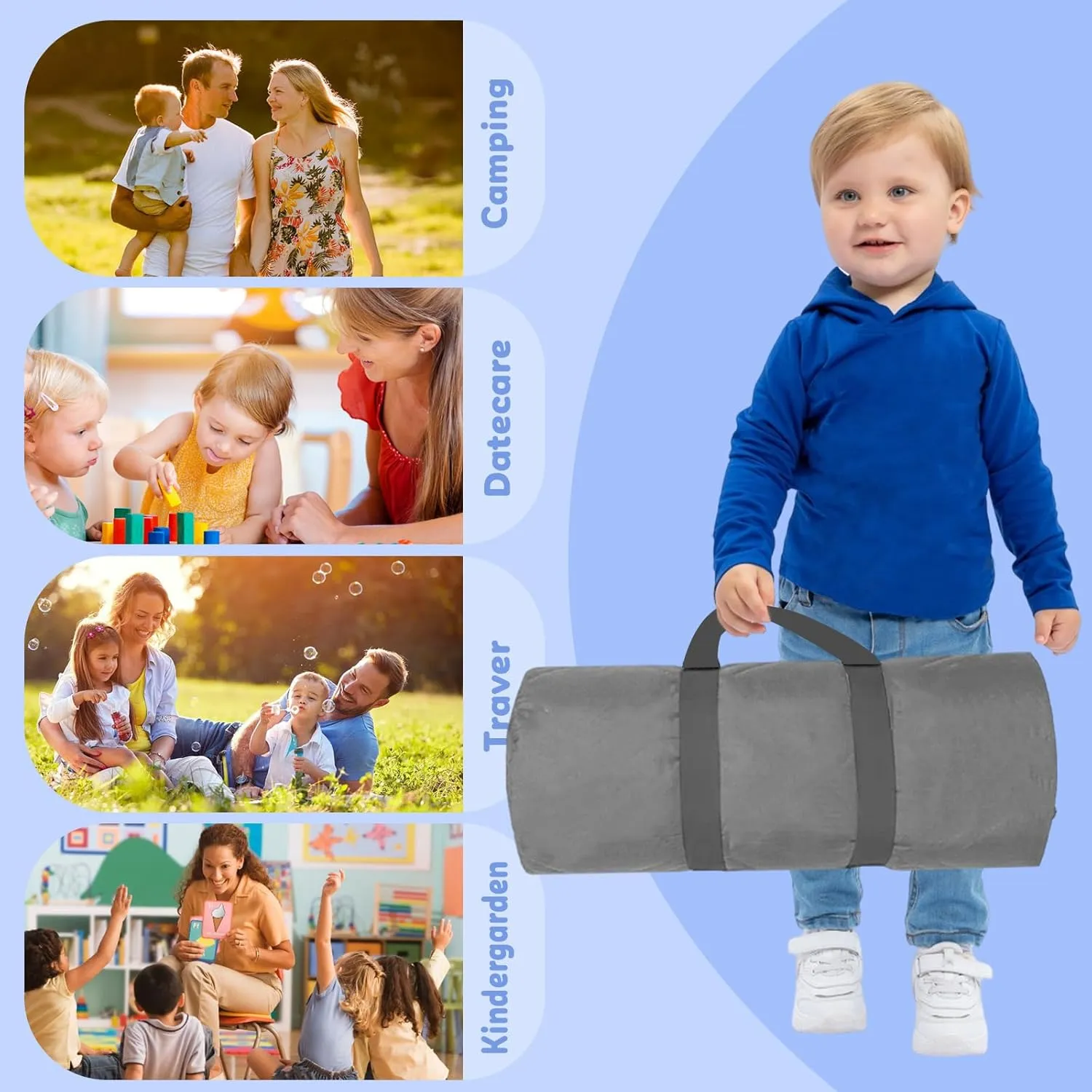 Custom Toddler Nap Mat for Preschool - Personalized Name Kids Nap Mats for Daycare Kindergarten Boys Sleeping Bag with Pillow Blanket Set, Thick Padded Easy Roll Up Blue