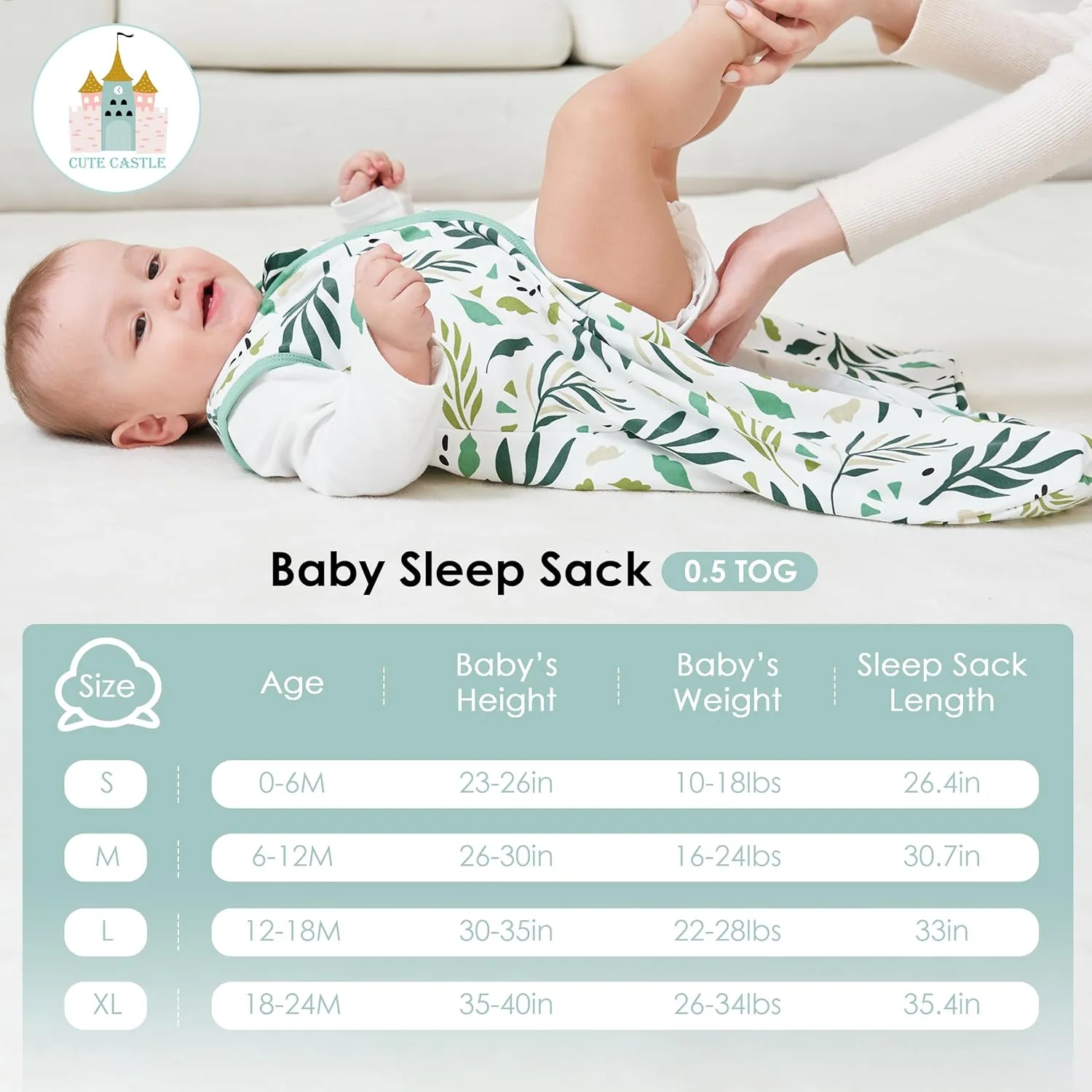 Cute Castle Baby Sleep Sack 6-12 Months - Lightweight 100% Cotton 2-Way Zipper TOG 0.5 Infant Wearable Blanket, Newborn Essentials Toddler Sleep Clothes (3 Pack Green)