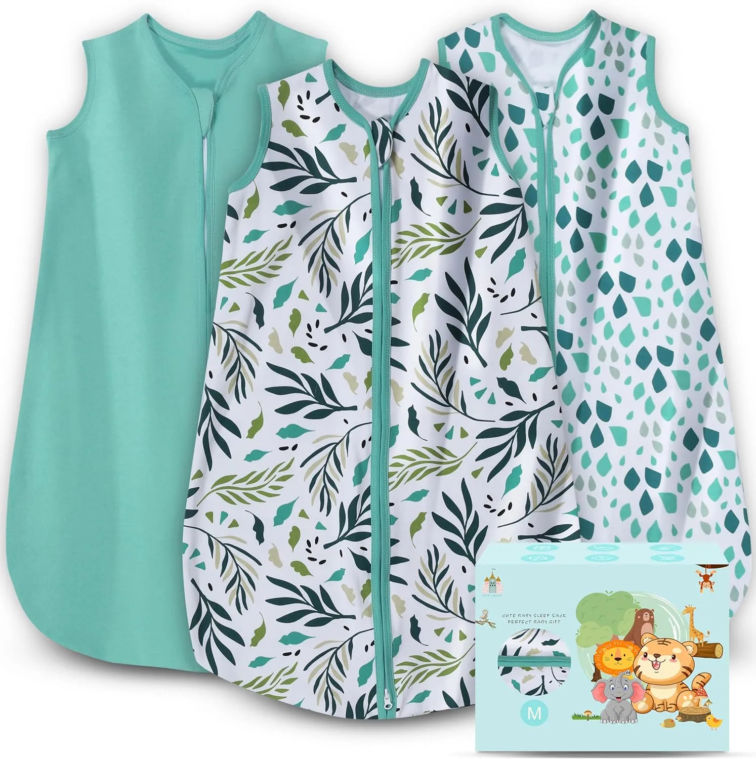 Cute Castle Baby Sleep Sack 6-12 Months - Lightweight 100% Cotton 2-Way Zipper TOG 0.5 Infant Wearable Blanket, Newborn Essentials Toddler Sleep Clothes (3 Pack Green)