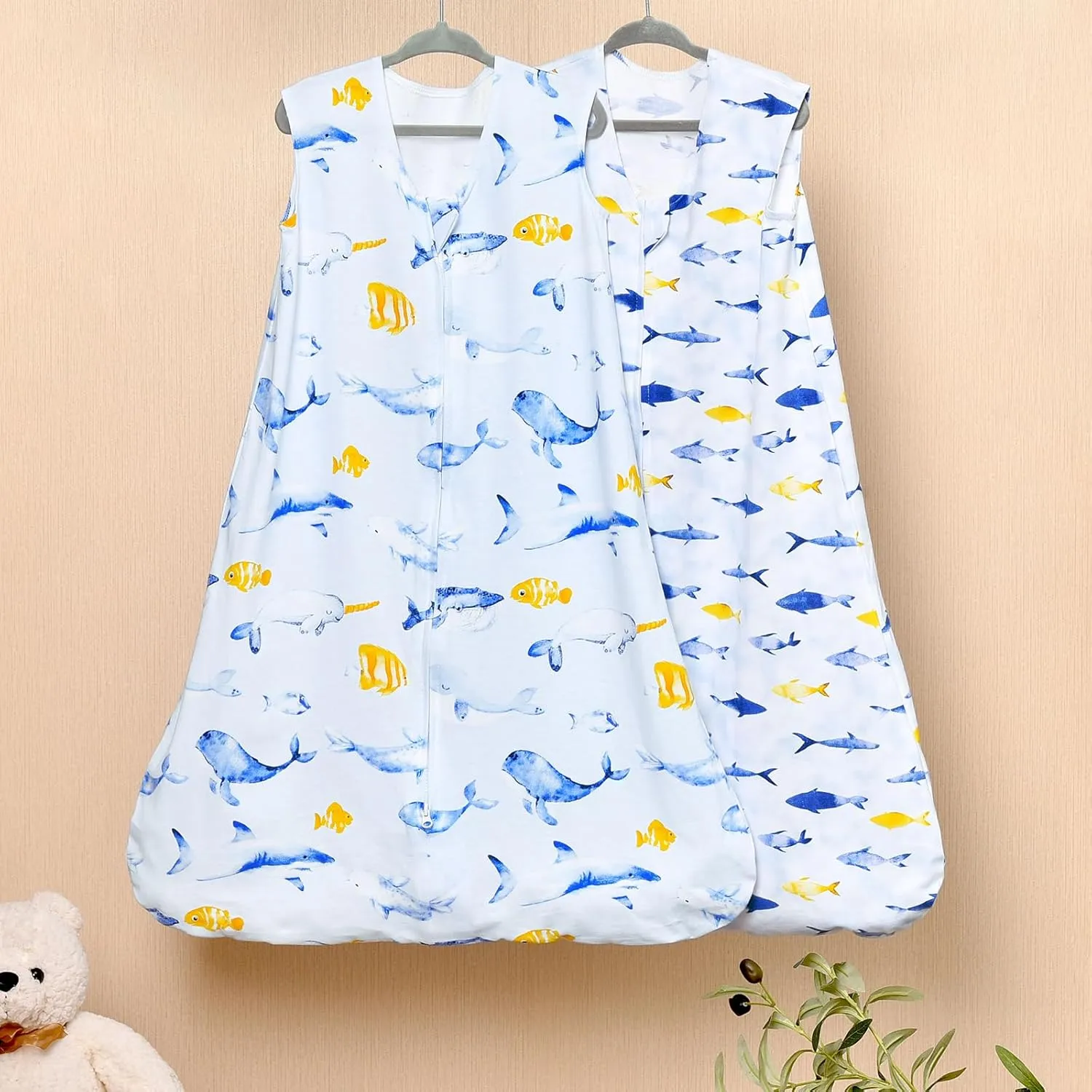 david's kids 100% Cotton Baby Sleep Sack 0-6 Months, Soft Baby Wearable Blankets with 2-Way Zipper, 2 Pack Comfy Sleeping Bags for Infant Newborn Boys Girls Neutral, Small Size, Whale