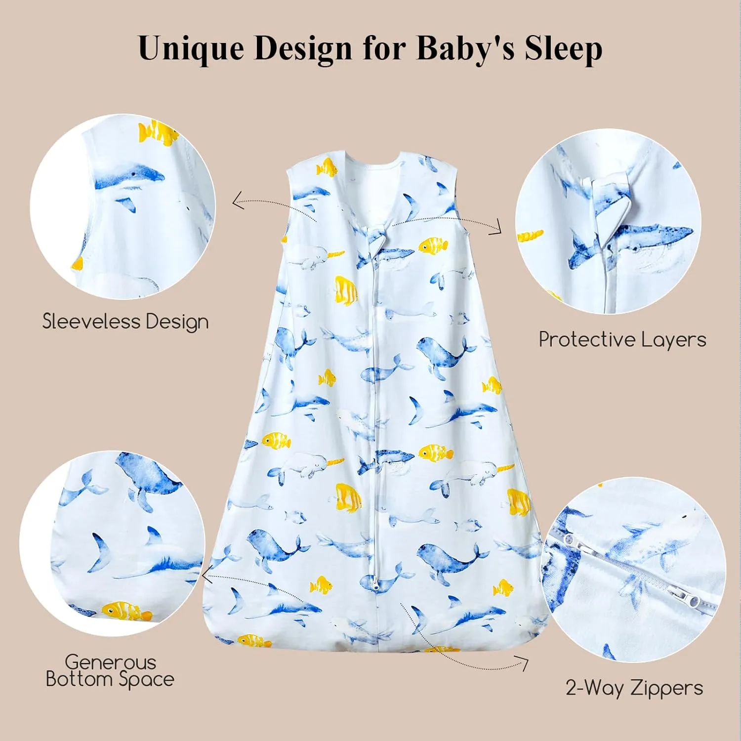 david's kids 100% Cotton Baby Sleep Sack 0-6 Months, Soft Baby Wearable Blankets with 2-Way Zipper, 2 Pack Comfy Sleeping Bags for Infant Newborn Boys Girls Neutral, Small Size, Whale